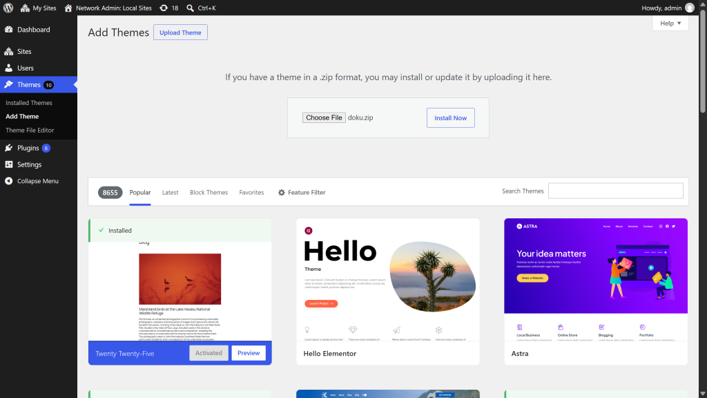 The Upload Theme screen in the WordPress admin with doku.zip selected