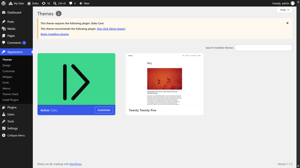 The admin notice listing Doku Core as a required plugin and One Click Demo Import as a recommended one
