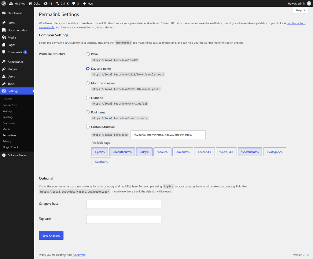The Permalinks settings screen with the Save Changes button