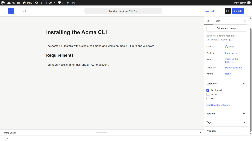 The block editor with a documentation article open and the Categories panel showing