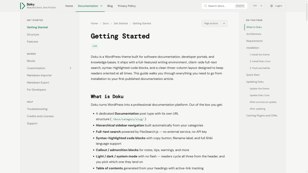 A published documentation page showing the navigation sidebar article and table of contents