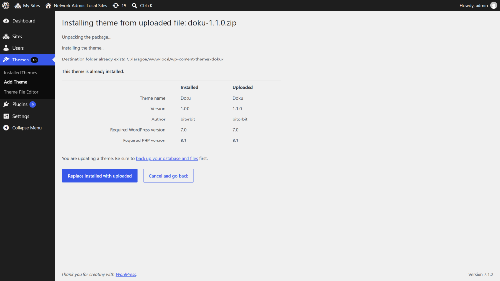 WordPress comparing the installed and uploaded versions of Doku side by side