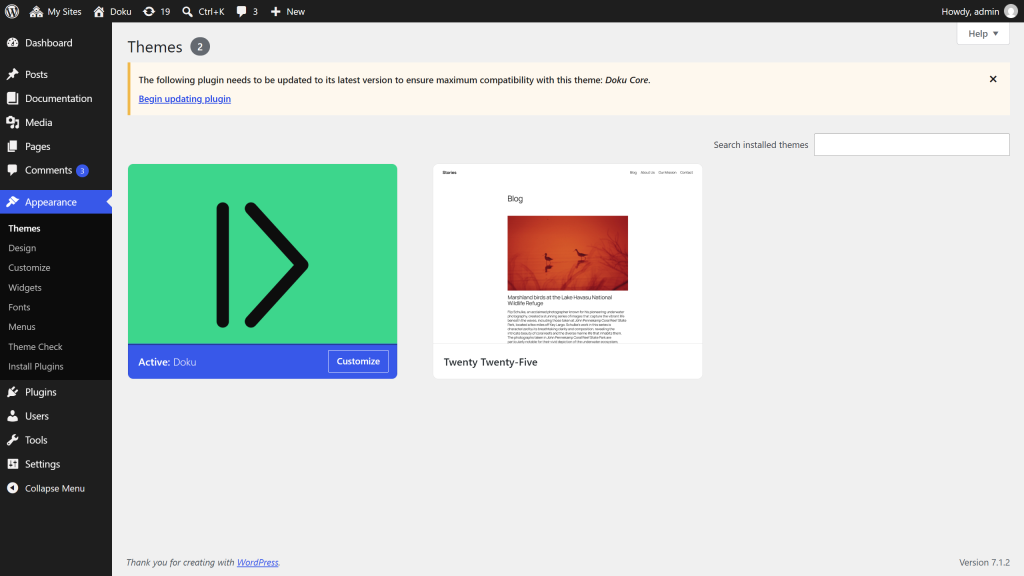 The plugin notice offering an update to Doku Core after a theme update