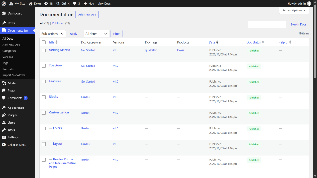 The Documentation menu in the WordPress admin sidebar expanded to show its submenus