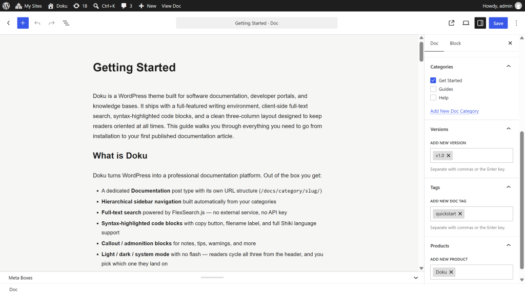 The editor sidebar showing the Categories Versions Products and Tags panels