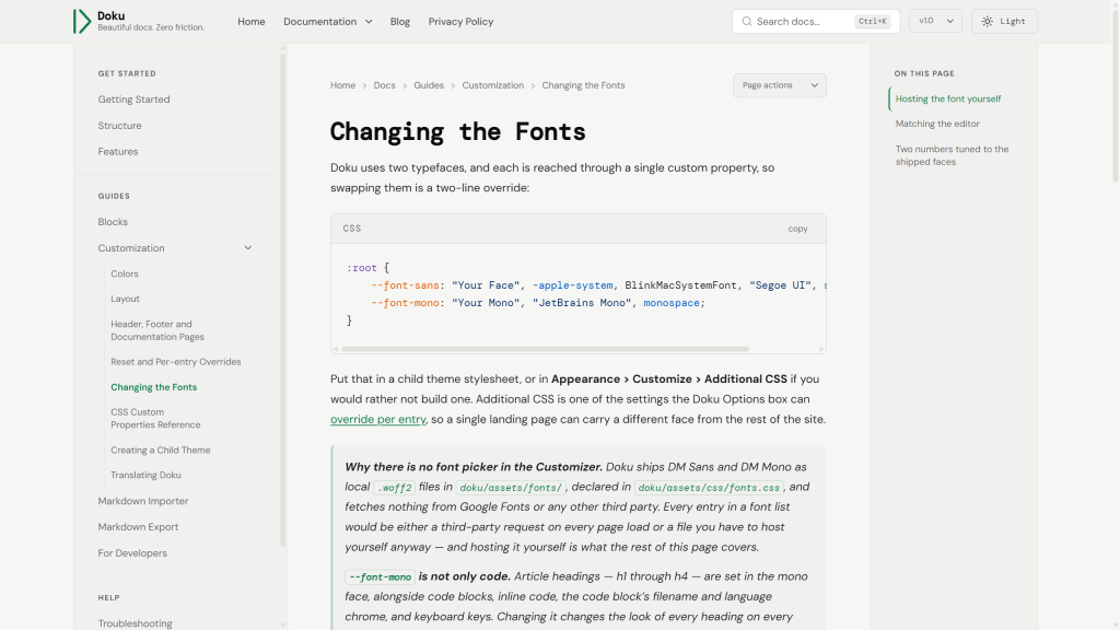 The documentation sidebar with category groups and the current page marked