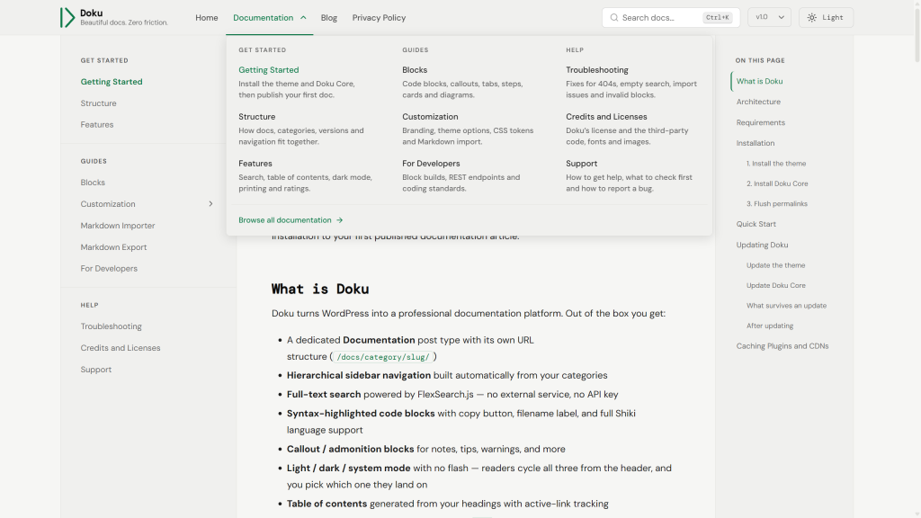 An open mega menu panel with three columns of links and a footer link