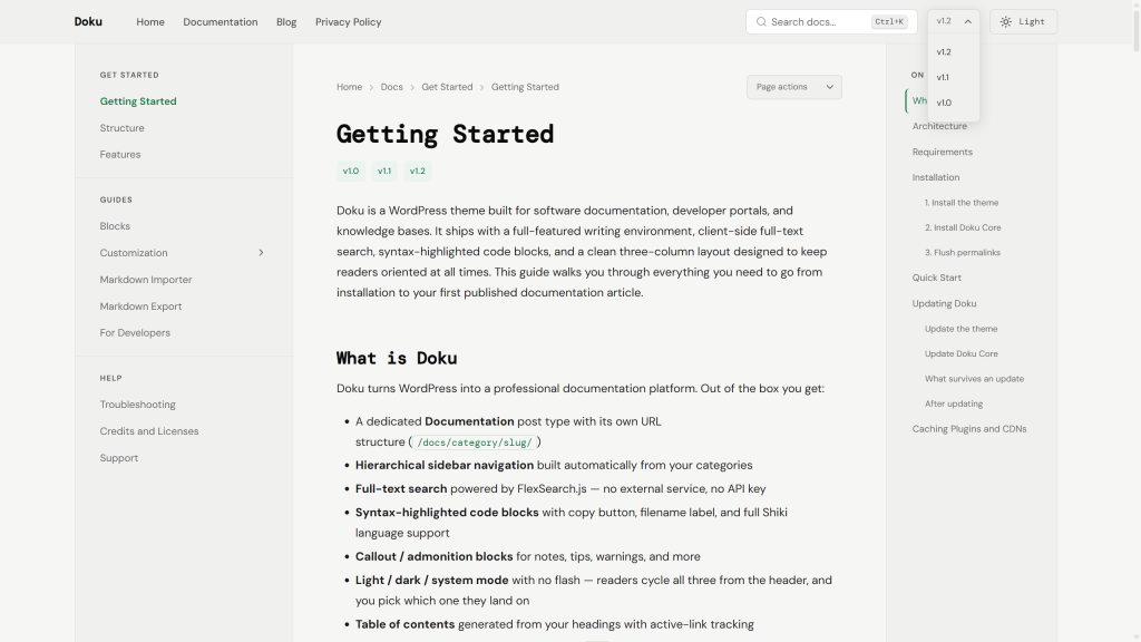 The version dropdown open in the site header showing several version terms