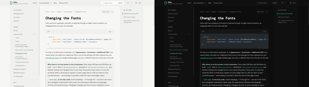 The same documentation page shown in light mode and dark mode side by side
