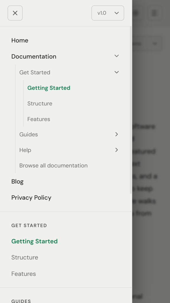 A documentation page on a phone with the navigation drawer open over the article