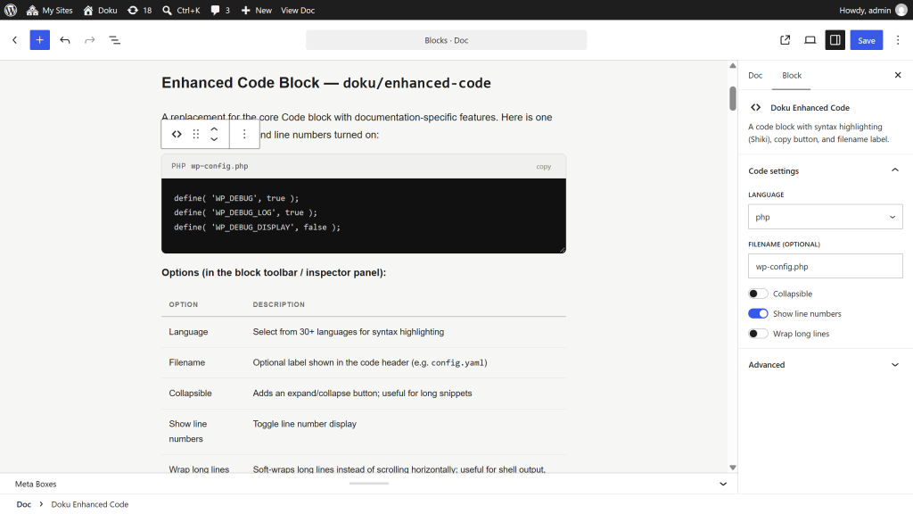 The Enhanced Code block selected in the editor with its inspector panel open