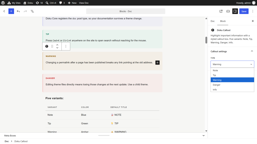 The Callout block in the editor with the variant selector open in the inspector