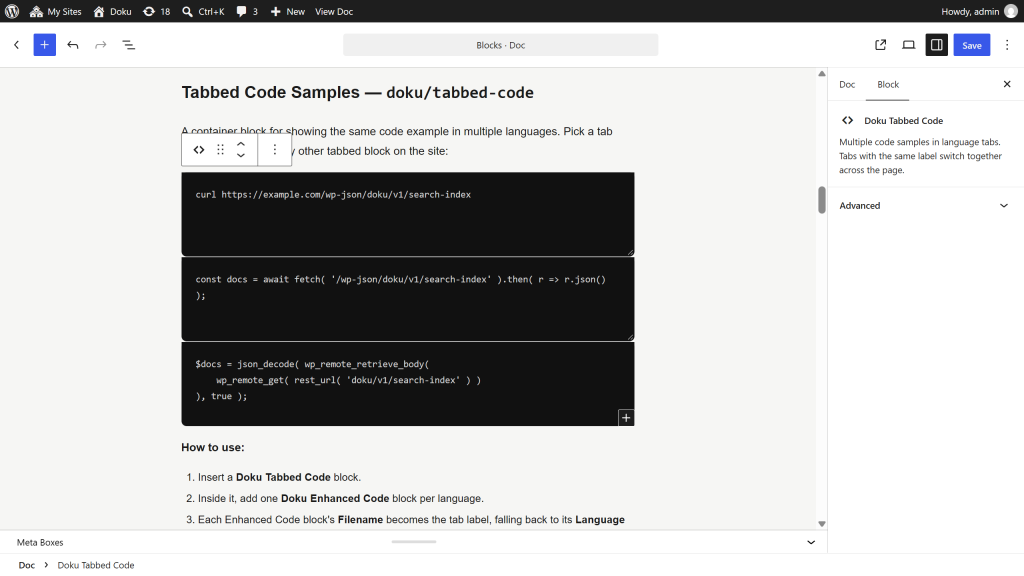 The Tabbed Code Samples block in the editor holding three Enhanced Code blocks