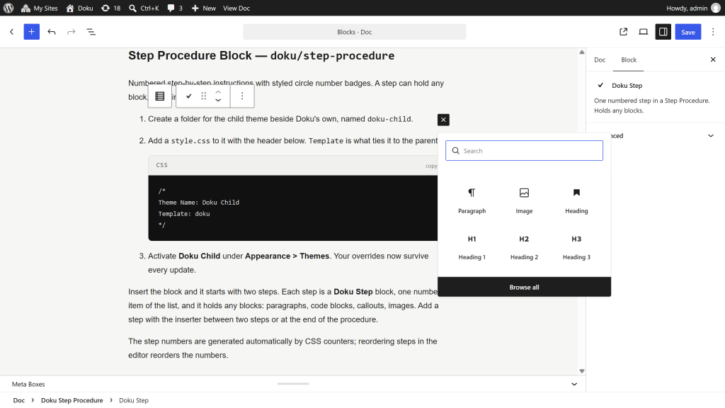 The Step Procedure block in the editor with the inserter open inside one step