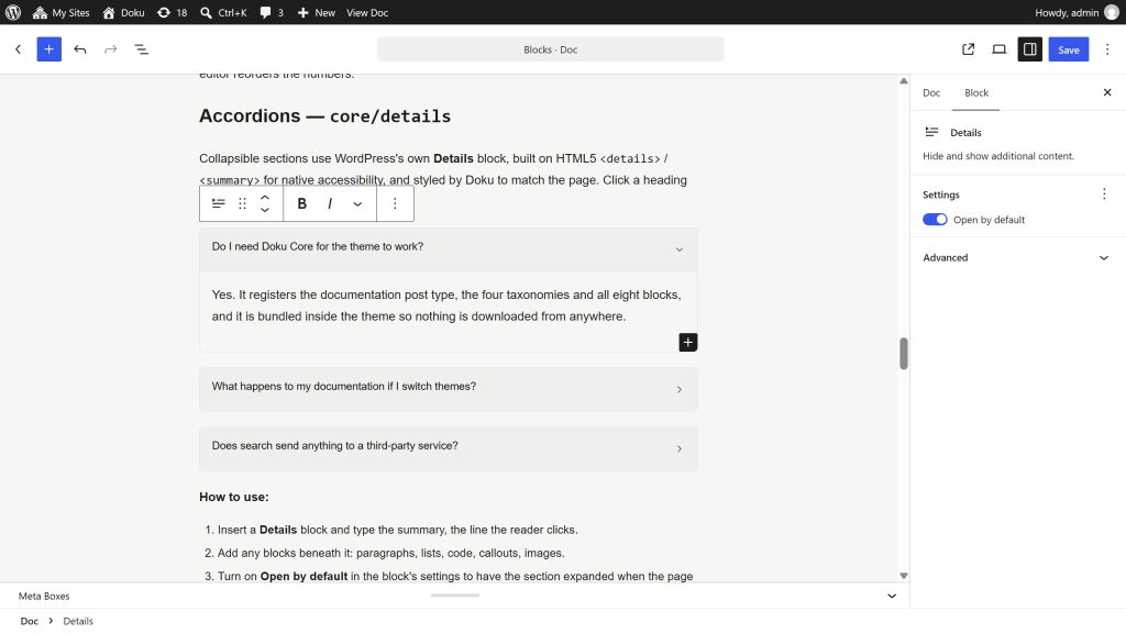The Details block in the editor with the Open by default toggle in its settings