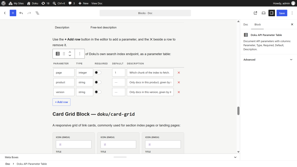The API Parameter Table block in the editor with three rows of fields and the Add row button