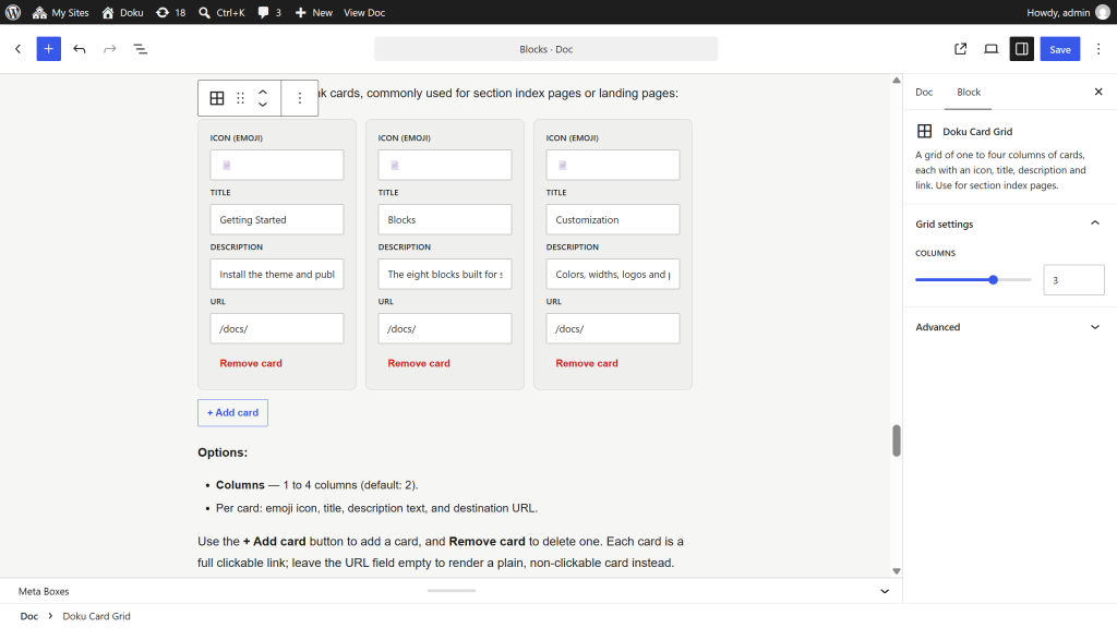 The Card Grid block in the editor with the columns control and the Add card button