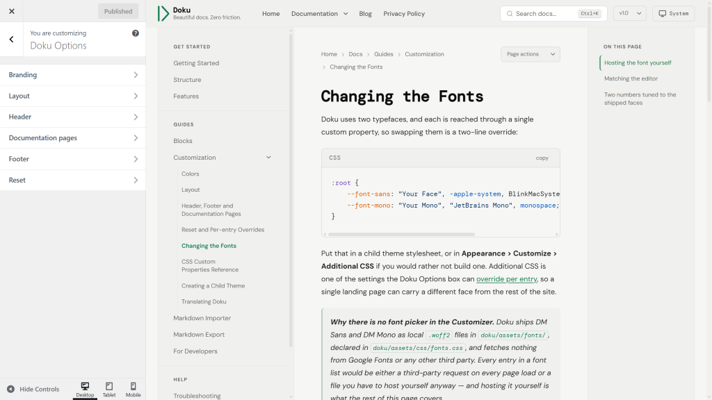 The Customizer open on the Doku Options panel listing its sections