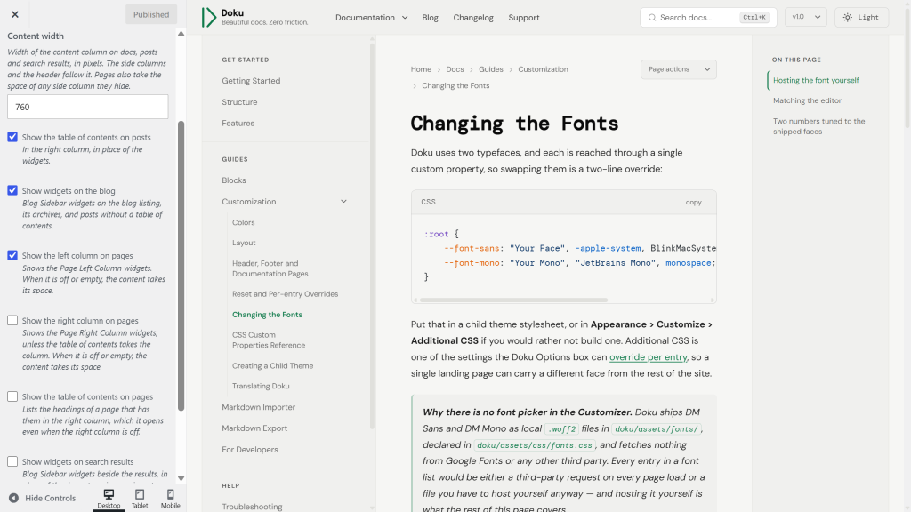 The Layout section of the Customizer showing the width fields and column toggles