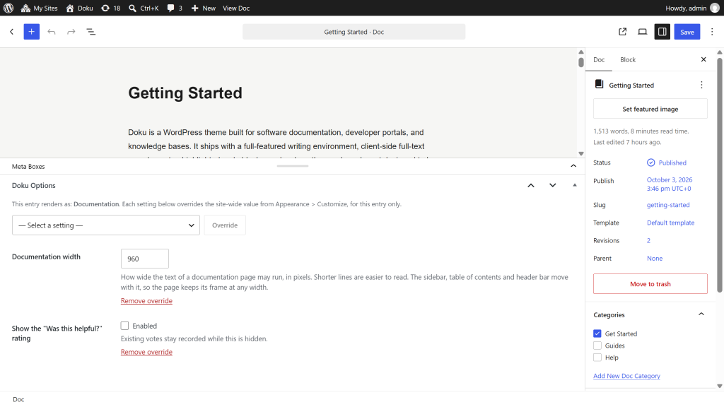 The Doku Options meta box in the post editor with two settings overridden