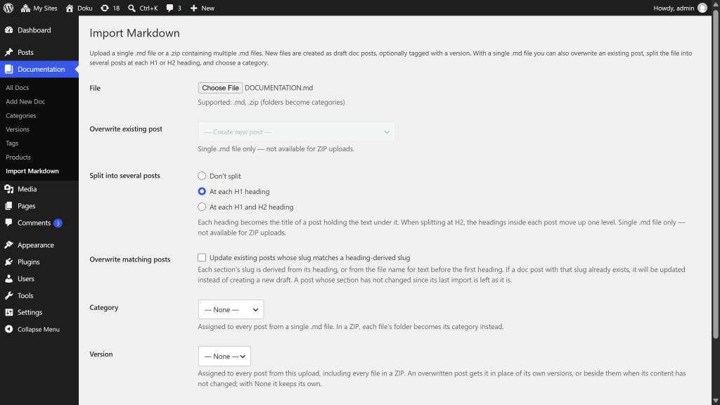 The Markdown importer admin screen with a file selected and its options shown