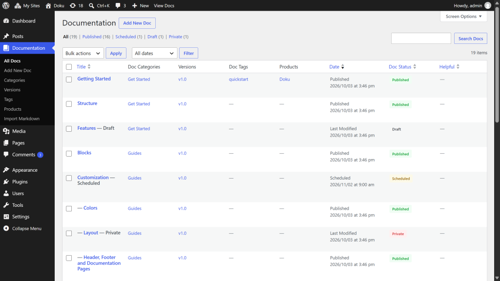 The Documentation list view showing the Doc Status column with colored badges